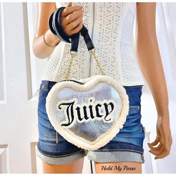 Juicy Couture Silver Black Shear Genius Iridescent Metallic Heart Shape Bag NWT - Picture 1 of 9